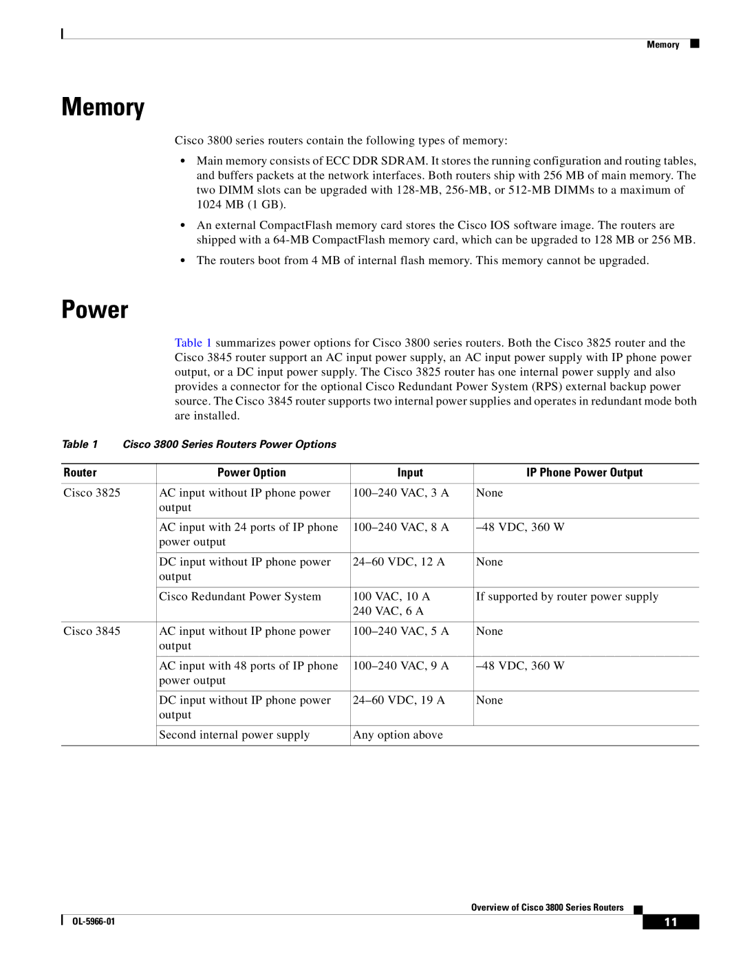 Cisco Systems OL-5965-01 warranty Memory, Router Power Option Input IP Phone Power Output 