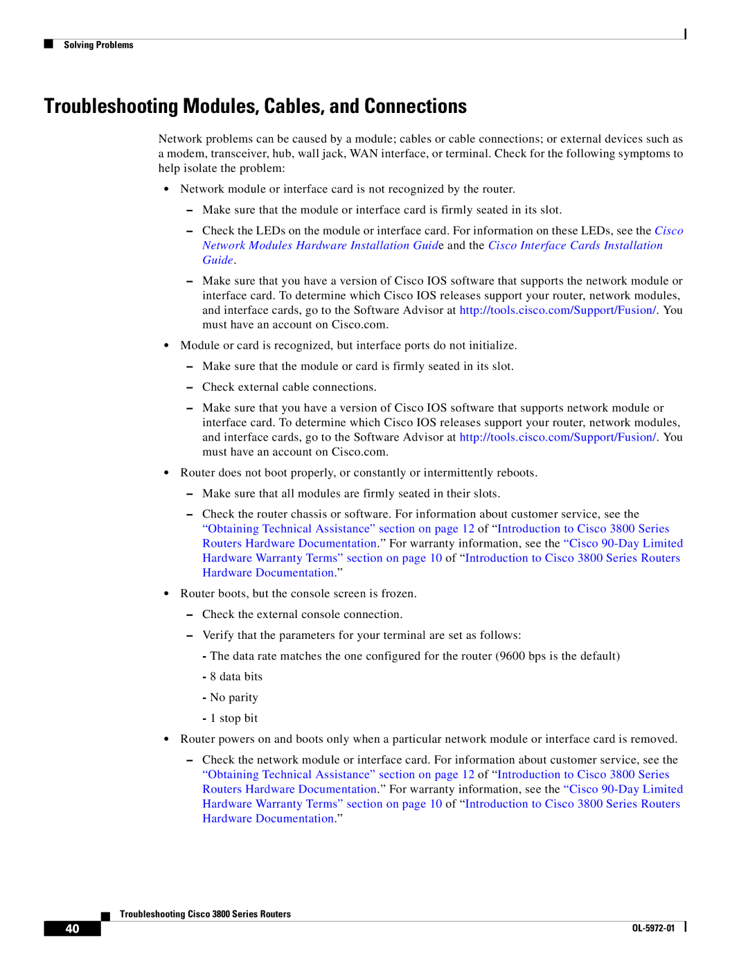 Cisco Systems OL-5965-01 warranty Troubleshooting Modules, Cables, and Connections 