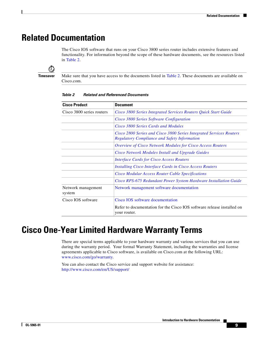 Cisco Systems OL-5965-01 warranty Related Documentation, Cisco One-Year Limited Hardware Warranty Terms 