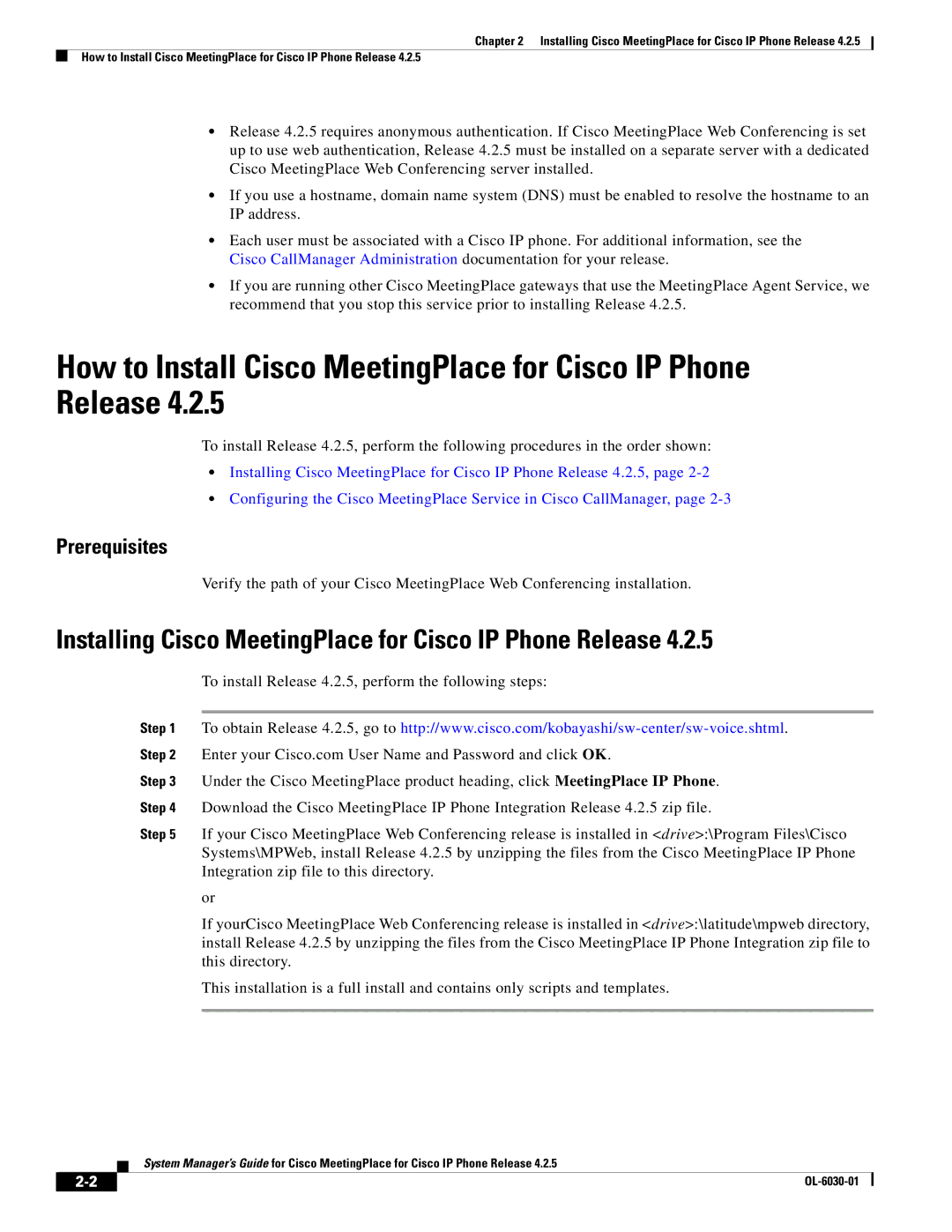 Cisco Systems OL-6030-01 manual Installing Cisco MeetingPlace for Cisco IP Phone Release, Prerequisites 