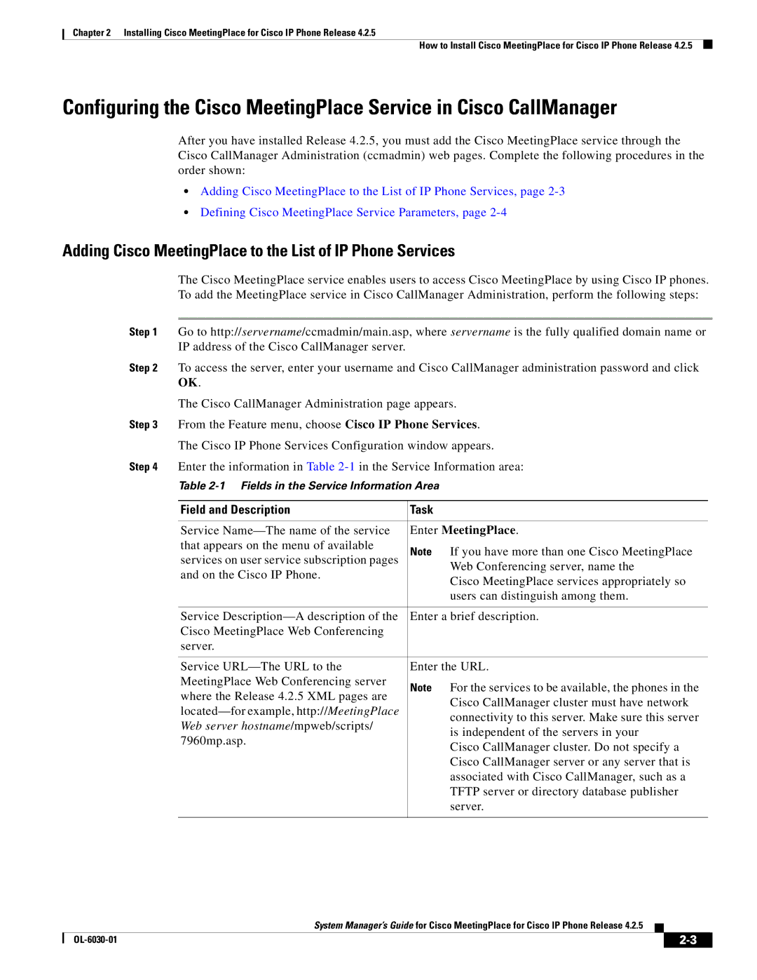 Cisco Systems OL-6030-01 manual Adding Cisco MeetingPlace to the List of IP Phone Services, Field and Description Task 