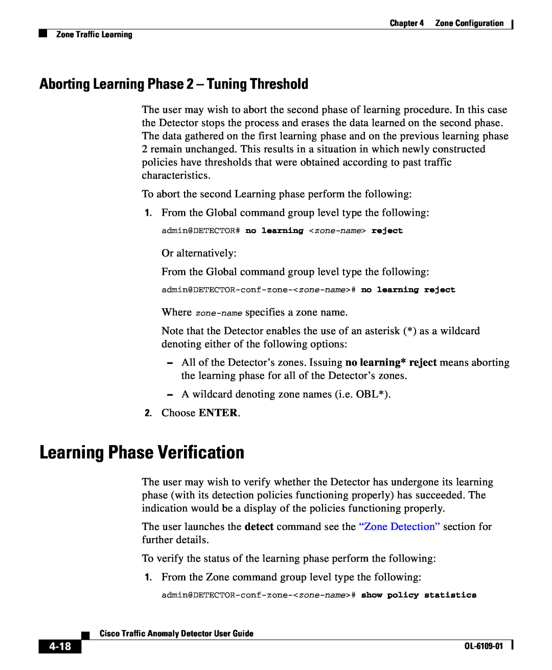 Cisco Systems OL-6109-01 manual Learning Phase Verification, Aborting Learning Phase 2 - Tuning Threshold, 4-18 