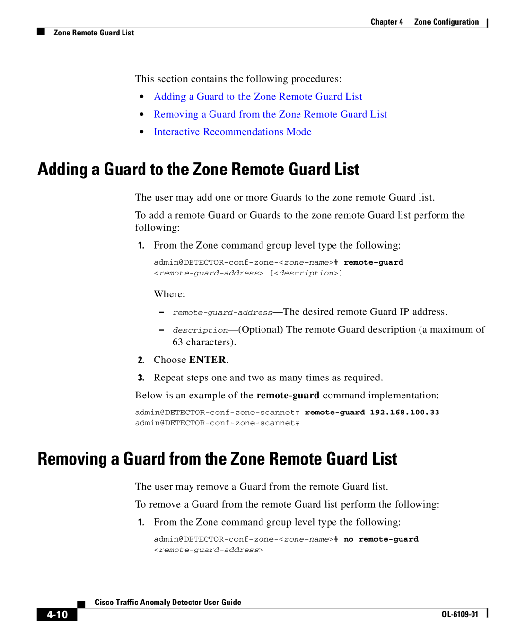 Cisco Systems OL-6109-01 Adding a Guard to the Zone Remote Guard List, Removing a Guard from the Zone Remote Guard List 