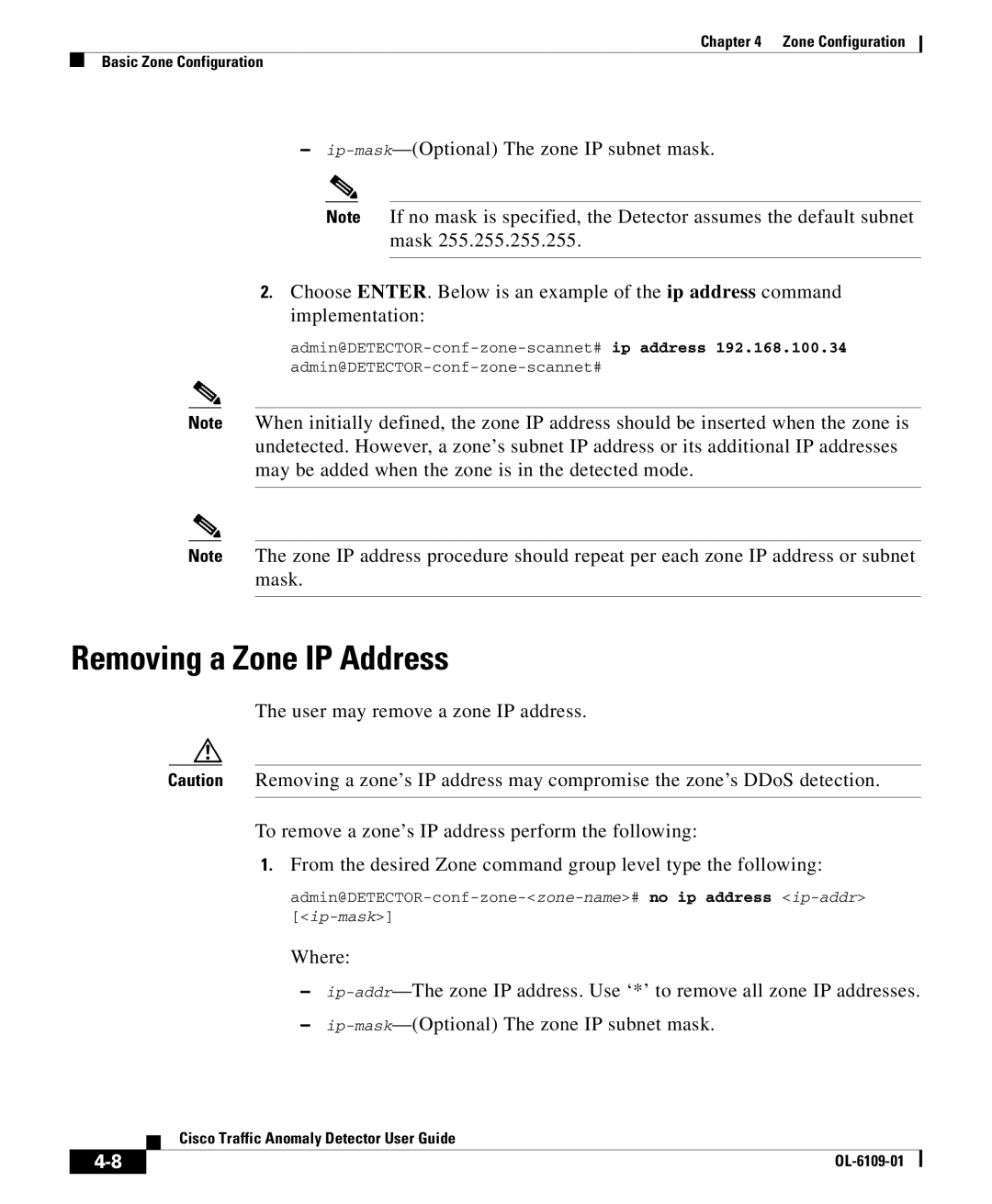 Cisco Systems OL-6109-01 manual Removing a Zone IP Address 