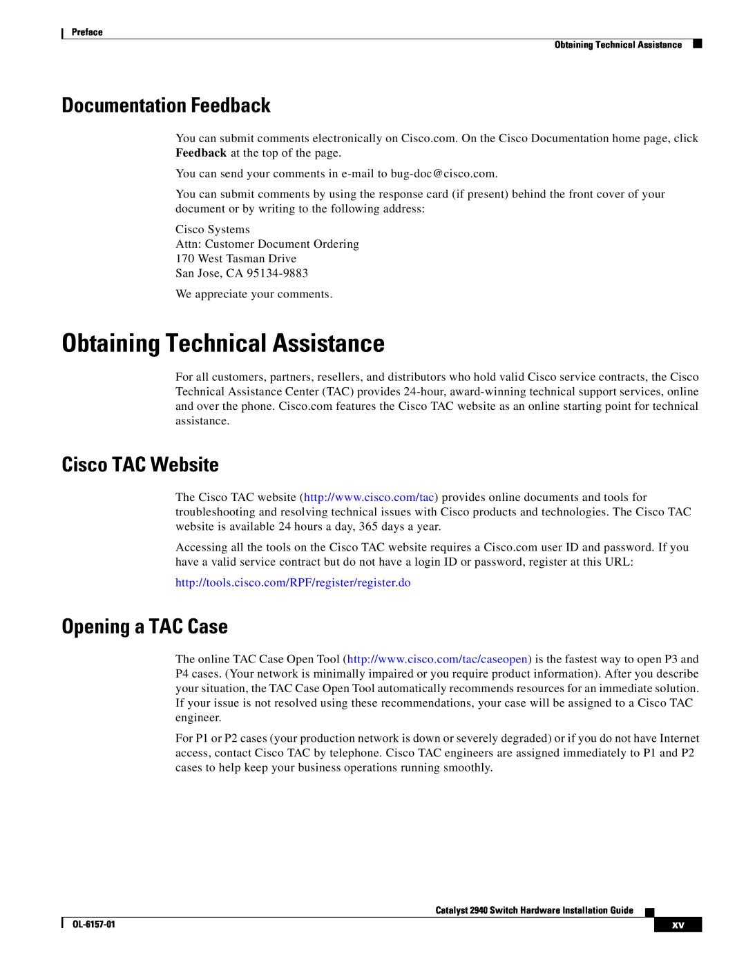 Cisco Systems OL-6157-01 Obtaining Technical Assistance, Documentation Feedback, Cisco TAC Website, Opening a TAC Case 