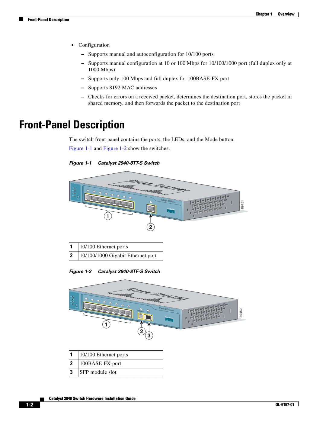 Cisco Systems OL-6157-01 manual Front-Panel Description, 1 and -2 show the switches 