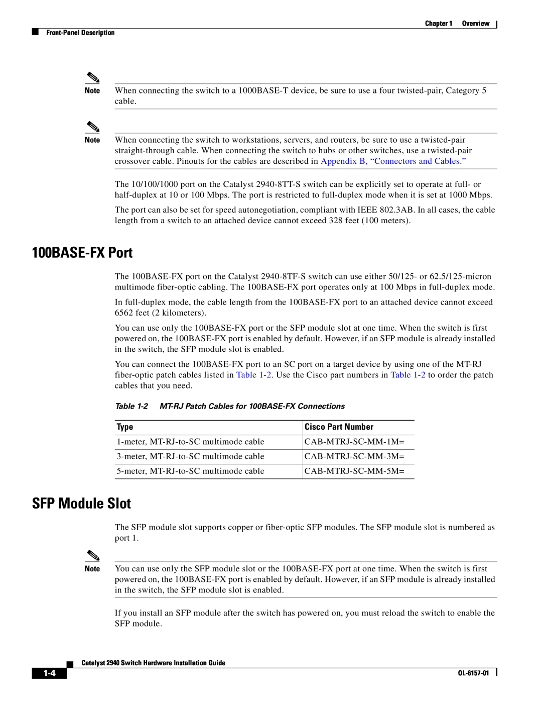 Cisco Systems OL-6157-01 manual 100BASE-FX Port, SFP Module Slot, Type, Cisco Part Number 