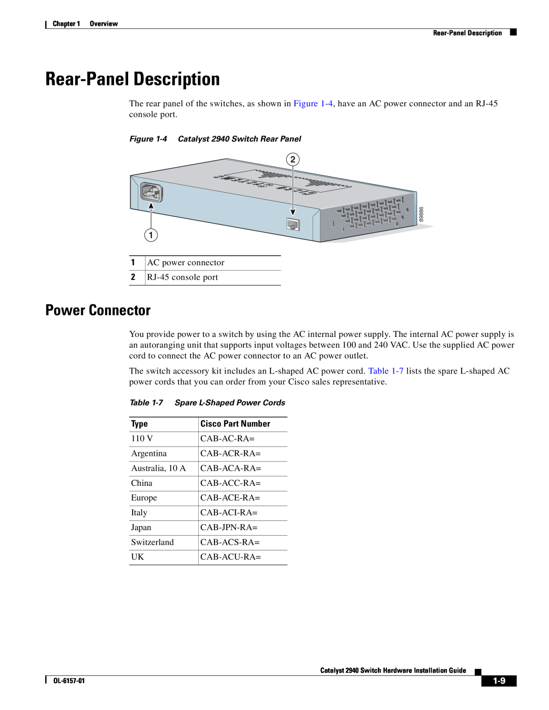 Cisco Systems OL-6157-01 manual Rear-Panel Description, Power Connector 