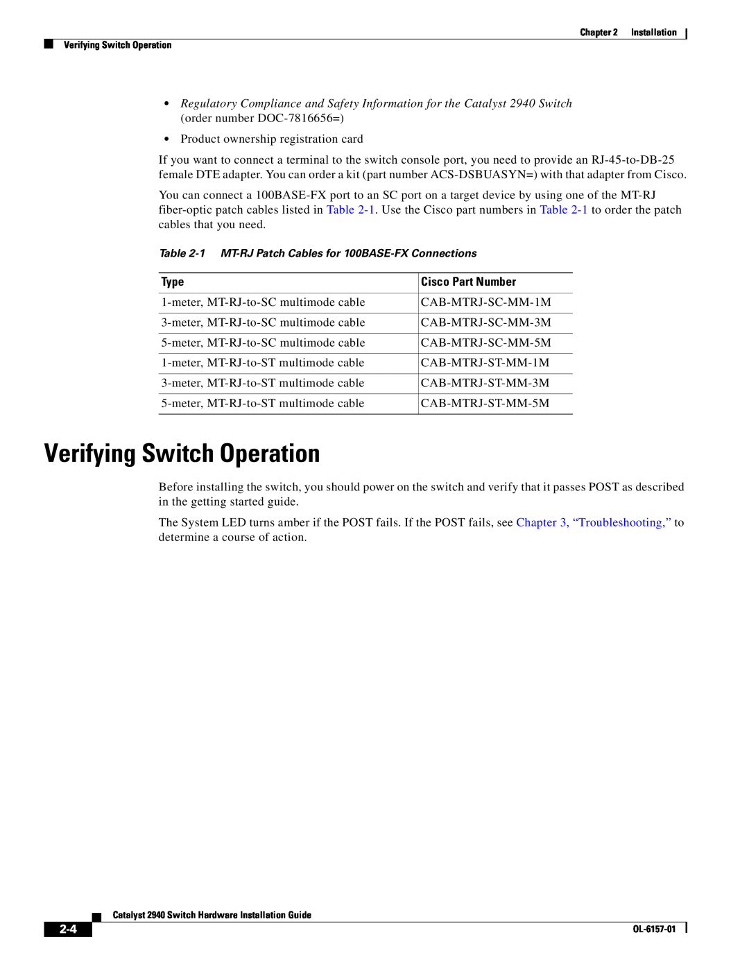 Cisco Systems OL-6157-01 manual Verifying Switch Operation, 1 MT-RJ Patch Cables for 100BASE-FX Connections 