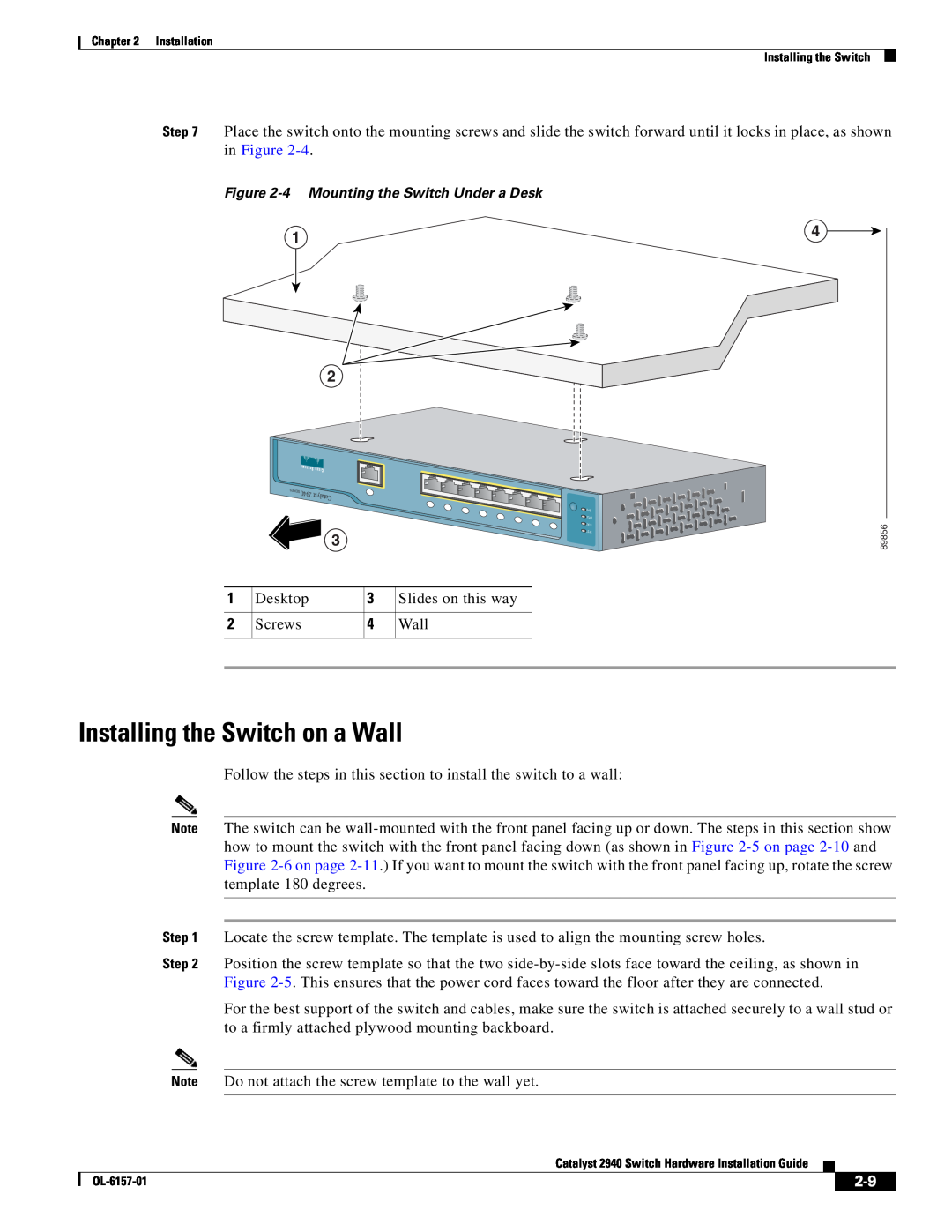 Cisco Systems OL-6157-01 manual Installing the Switch on a Wall, Desktop, Slides on this way, Screws 