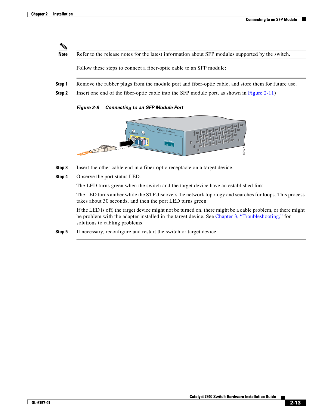 Cisco Systems OL-6157-01 manual 2-13, Follow these steps to connect a fiber-optic cable to an SFP module 