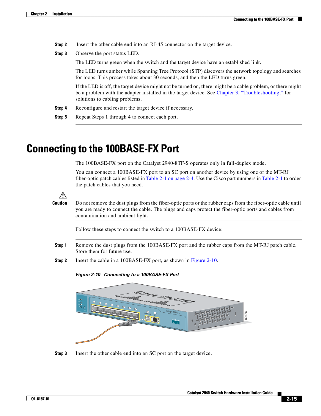 Cisco Systems OL-6157-01 manual Connecting to the 100BASE-FX Port, 2-15, 10 Connecting to a 100BASE-FX Port 
