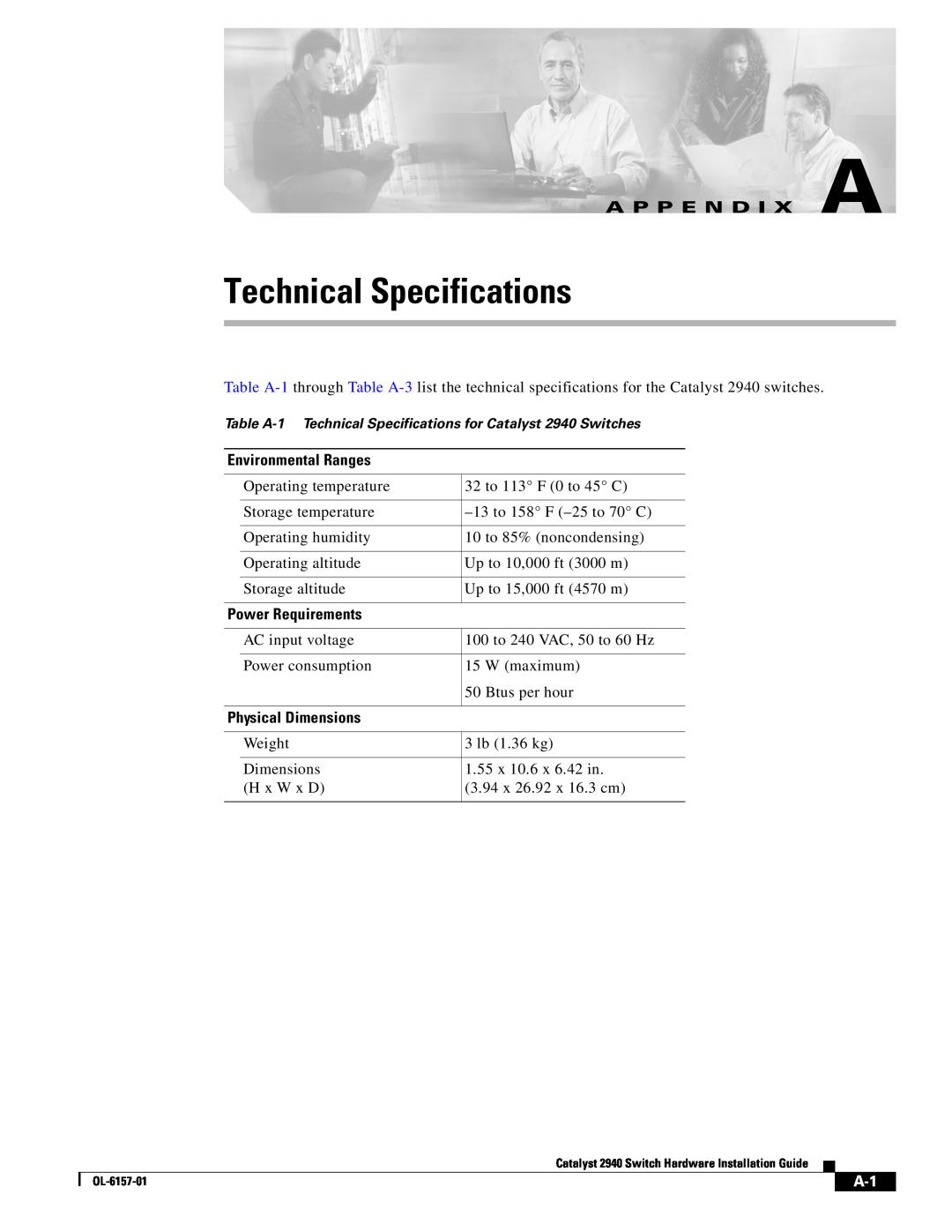 Cisco Systems OL-6157-01 manual Technical Specifications, A P P E N D I X A 