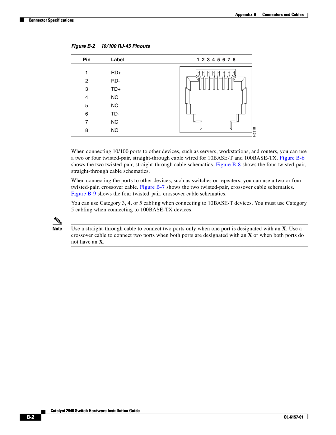 Cisco Systems OL-6157-01 manual Figure B-2 10/100 RJ-45 Pinouts 