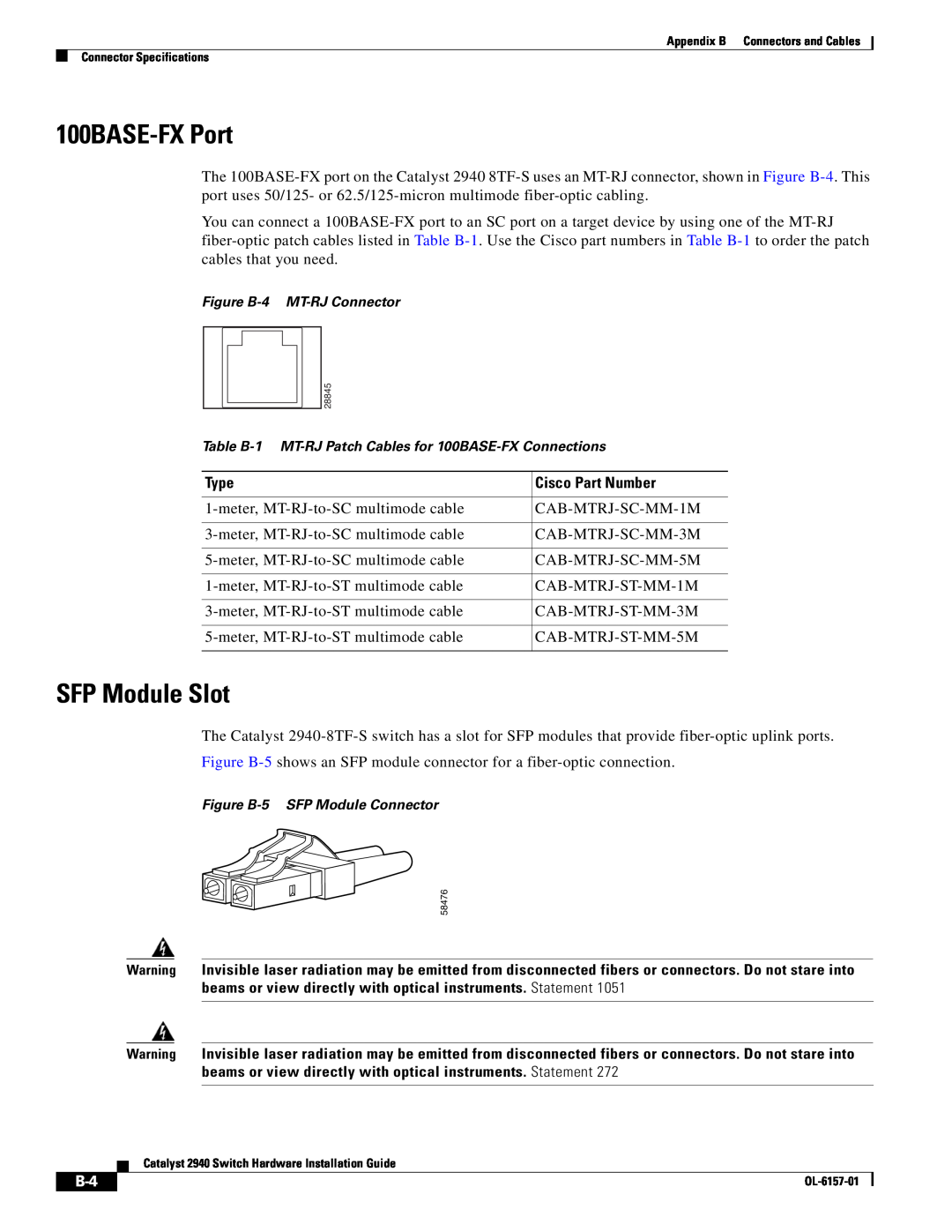 Cisco Systems OL-6157-01 100BASE-FX Port, SFP Module Slot, Figure B-4 MT-RJ Connector, Figure B-5 SFP Module Connector 