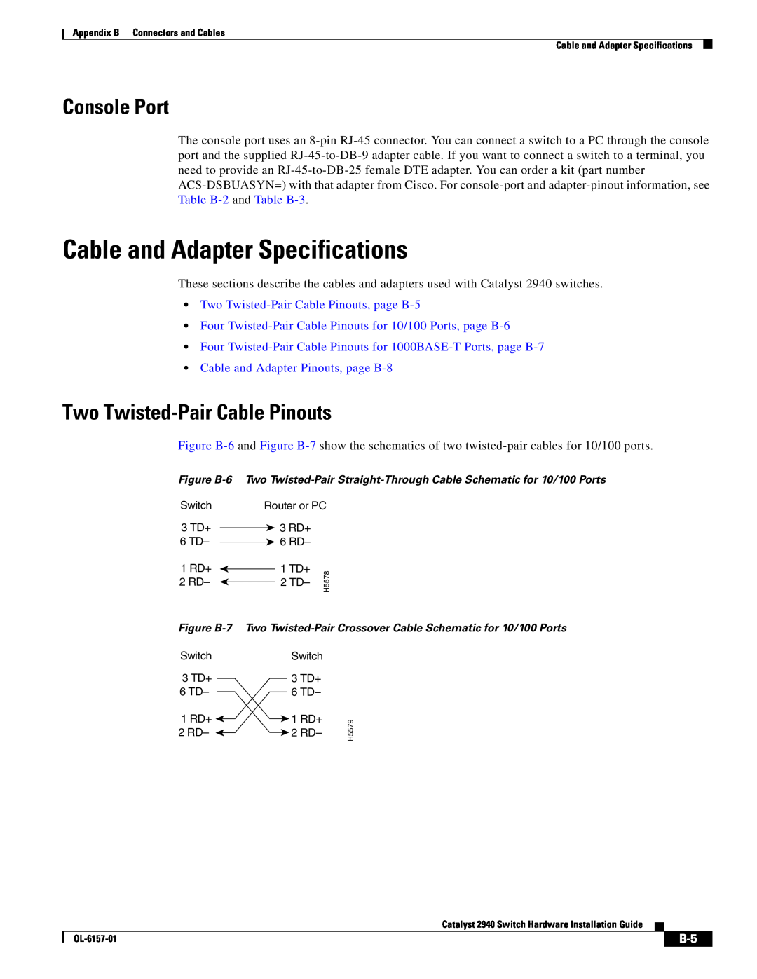 Cisco Systems OL-6157-01 manual Cable and Adapter Specifications, Two Twisted-Pair Cable Pinouts, Console Port 