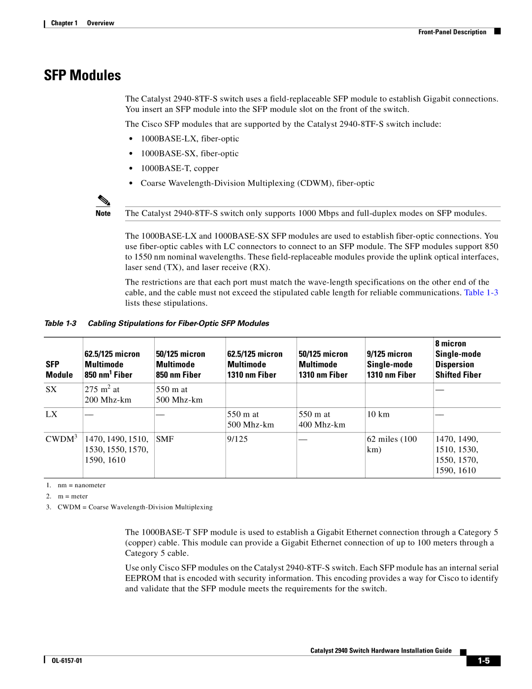 Cisco Systems OL-6157-01 manual SFP Modules, 62.5/125 micron 50/125 micron Micron Single-mode 
