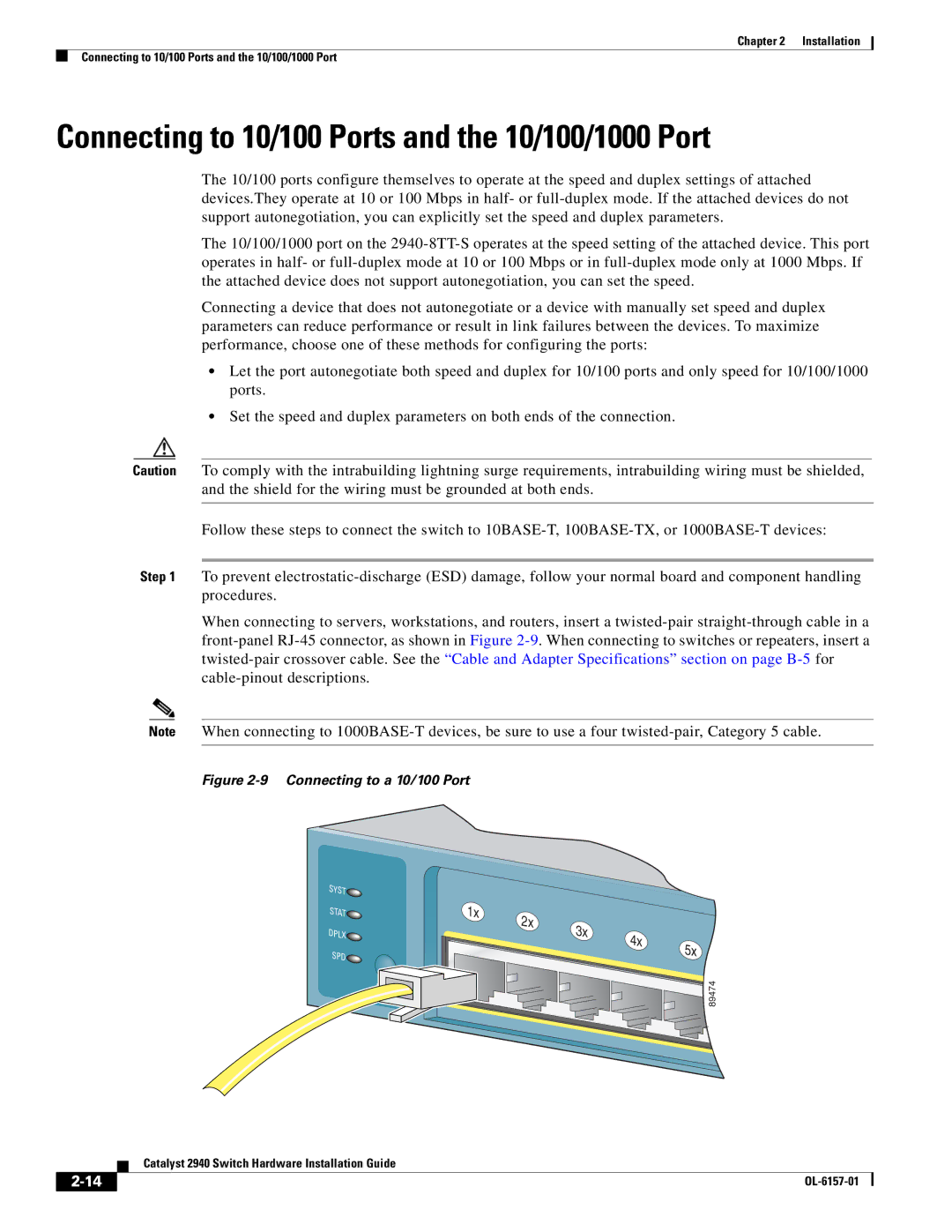 Cisco Systems OL-6157-01 manual Connecting to 10/100 Ports and the 10/100/1000 Port, Connecting to a 10/100 Port 