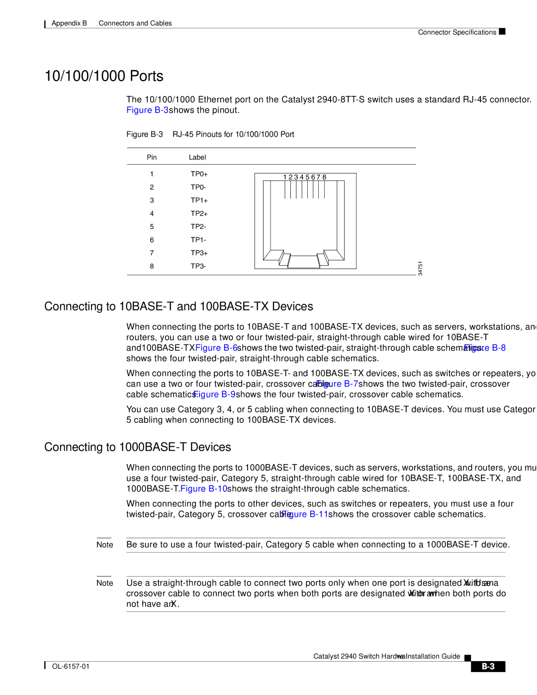 Cisco Systems OL-6157-01 manual 10/100/1000 Ports, Connecting to 10BASE-T and 100BASE-TX Devices 