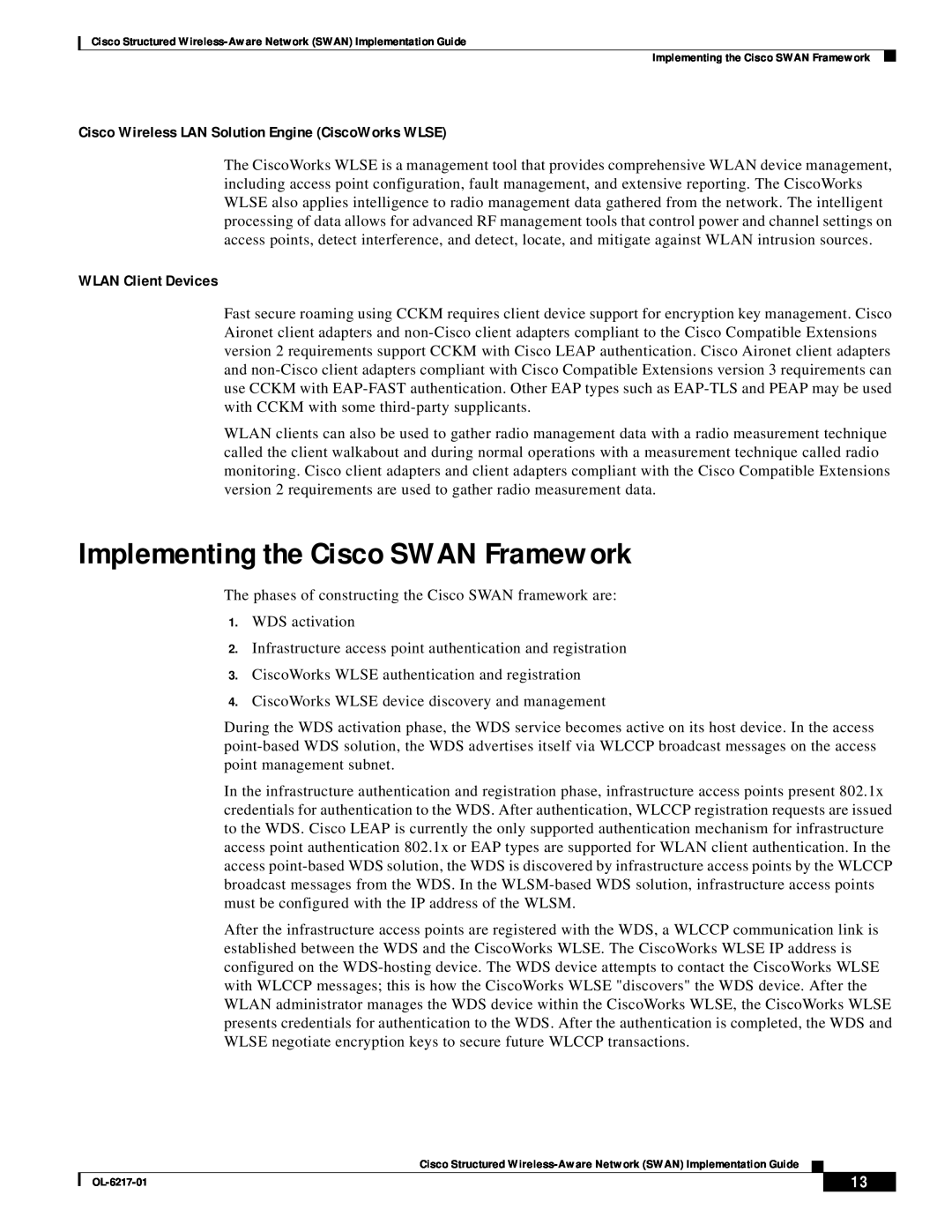 Cisco Systems OL-6217-01 manual Implementing the Cisco SWAN Framework, Cisco Wireless LAN Solution Engine CiscoWorks WLSE 