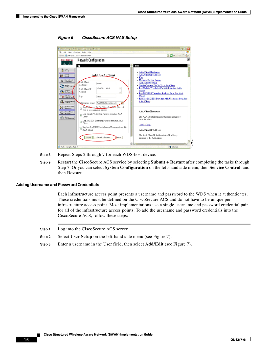 Cisco Systems OL-6217-01 manual Adding Username and Password Credentials, CiscoSecure ACS NAS Setup 