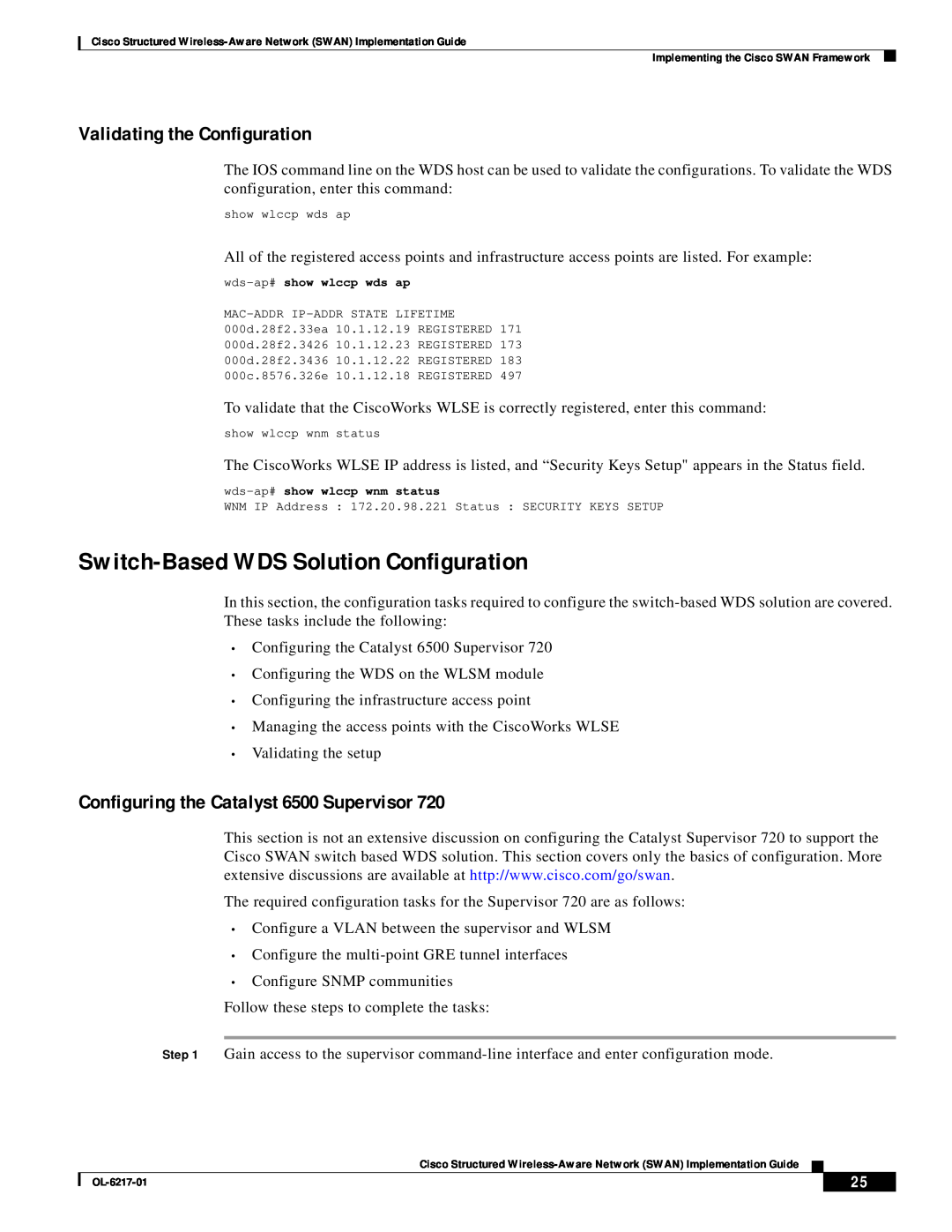 Cisco Systems OL-6217-01 manual Switch-Based WDS Solution Configuration, Validating the Configuration 