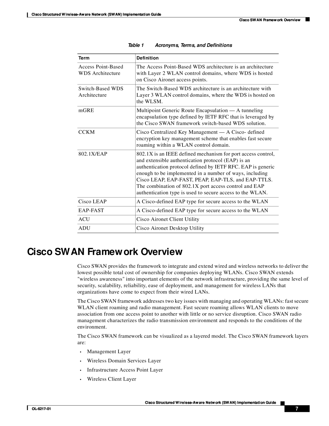 Cisco Systems OL-6217-01 manual Cisco SWAN Framework Overview, Term, Definition 
