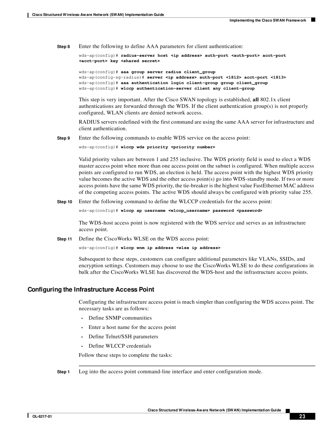 Cisco Systems OL-6217-01 Configuring the Infrastructure Access Point, Wds-apconfig#wlccp wds priority priority number 