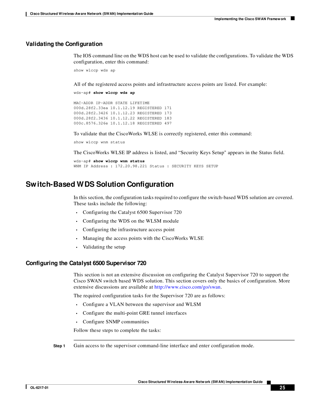 Cisco Systems OL-6217-01 Switch-Based WDS Solution Configuration, Validating the Configuration, Wds-ap#show wlccp wds ap 