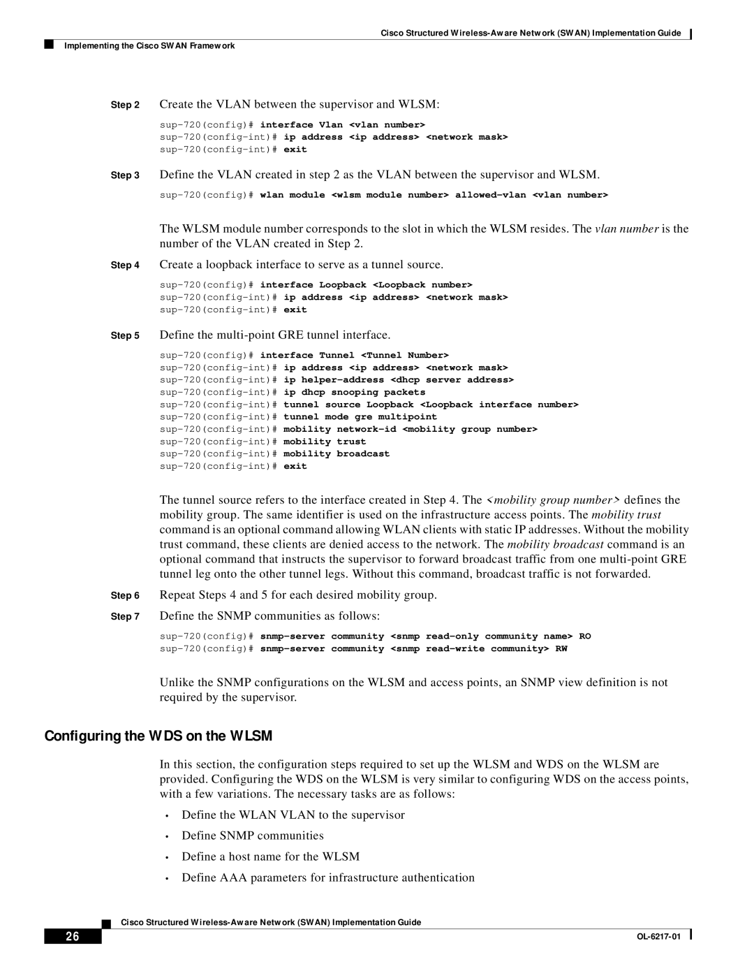 Cisco Systems OL-6217-01 manual Configuring the WDS on the Wlsm, Create the Vlan between the supervisor and Wlsm 