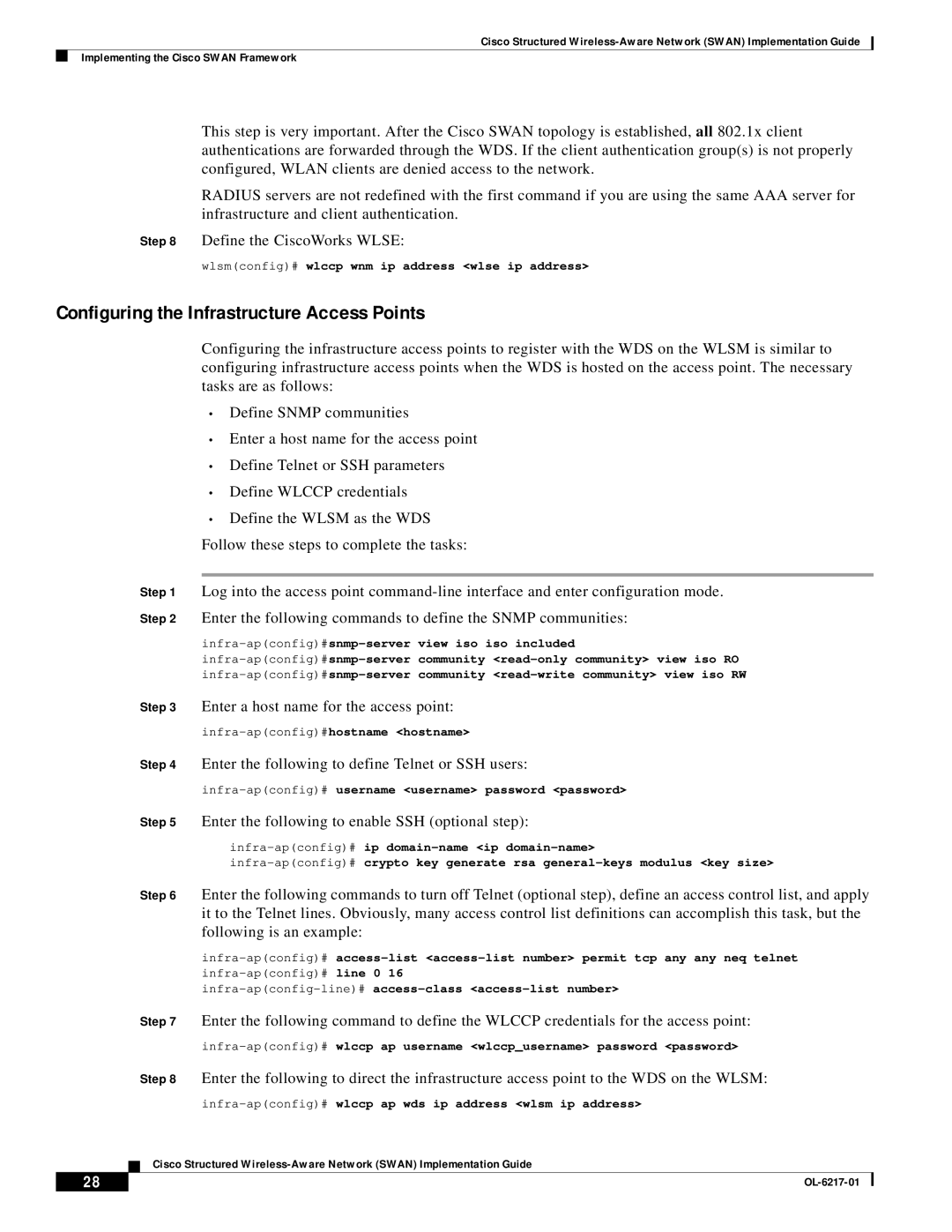 Cisco Systems OL-6217-01 Configuring the Infrastructure Access Points, Wlsmconfig# wlccp wnm ip address wlse ip address 