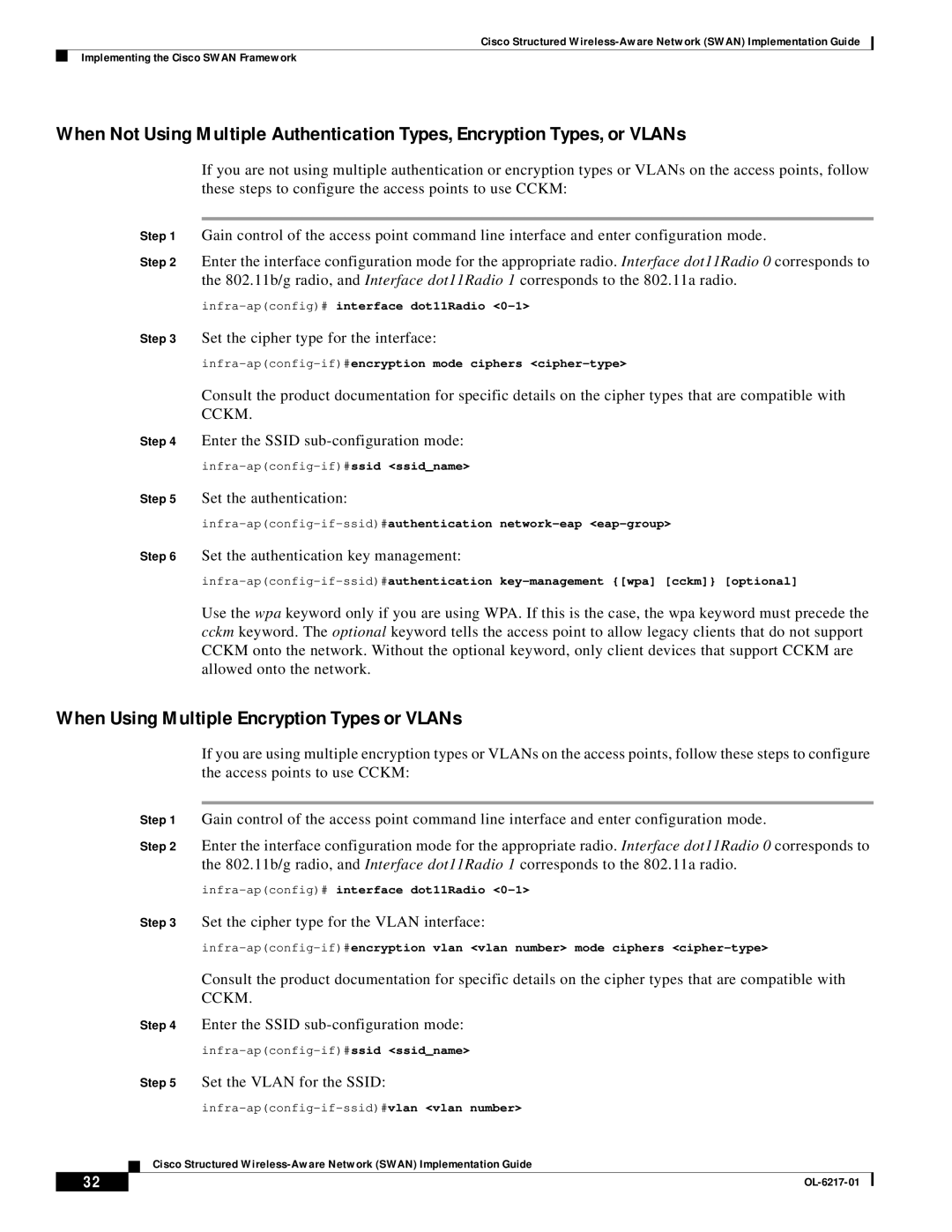 Cisco Systems OL-6217-01 manual When Using Multiple Encryption Types or VLANs, Infra-apconfig#interface dot11Radio 