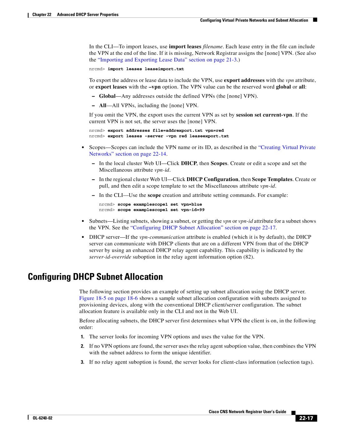 Cisco Systems OL-6240-02 manual Configuring Dhcp Subnet Allocation, 22-17 