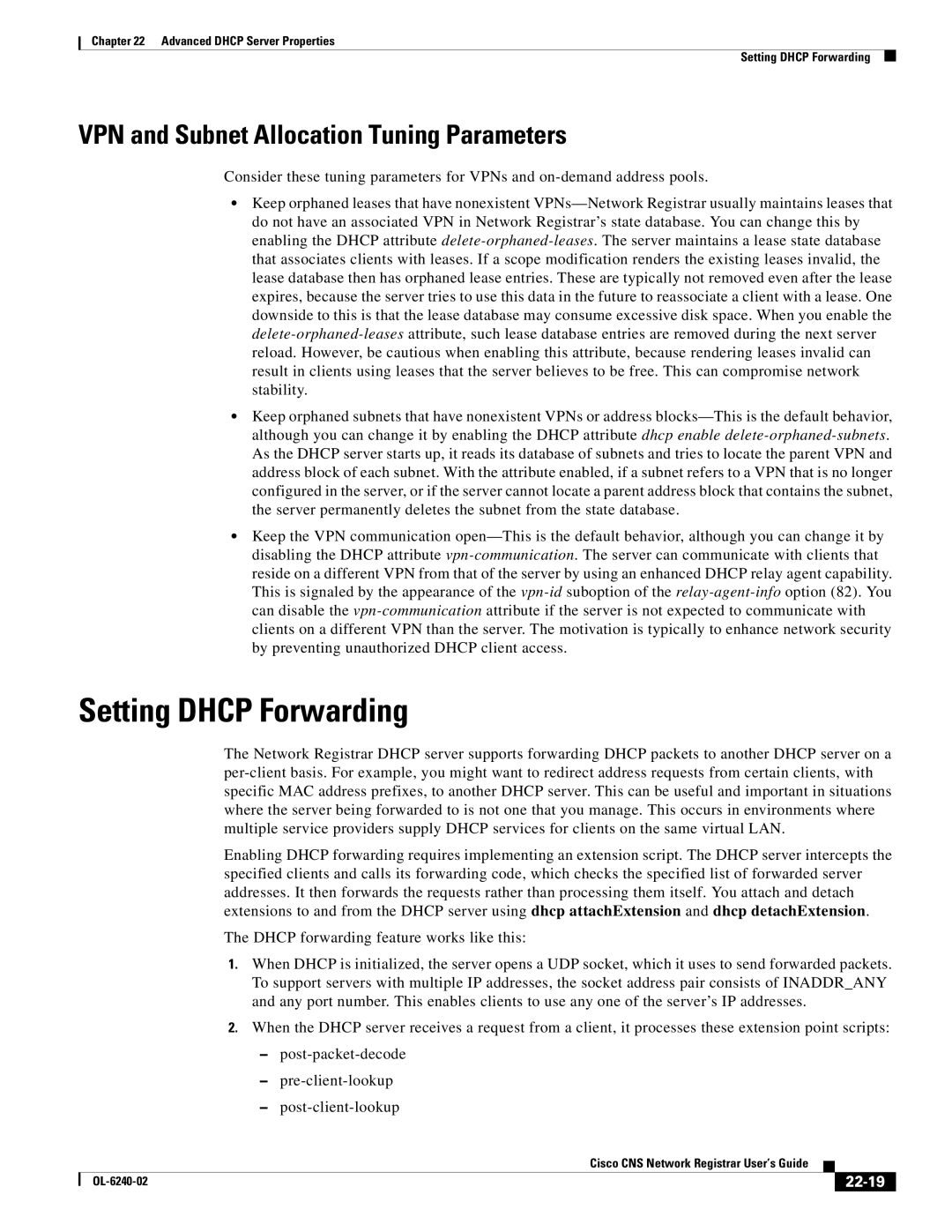 Cisco Systems OL-6240-02 manual Setting Dhcp Forwarding, VPN and Subnet Allocation Tuning Parameters, 22-19 