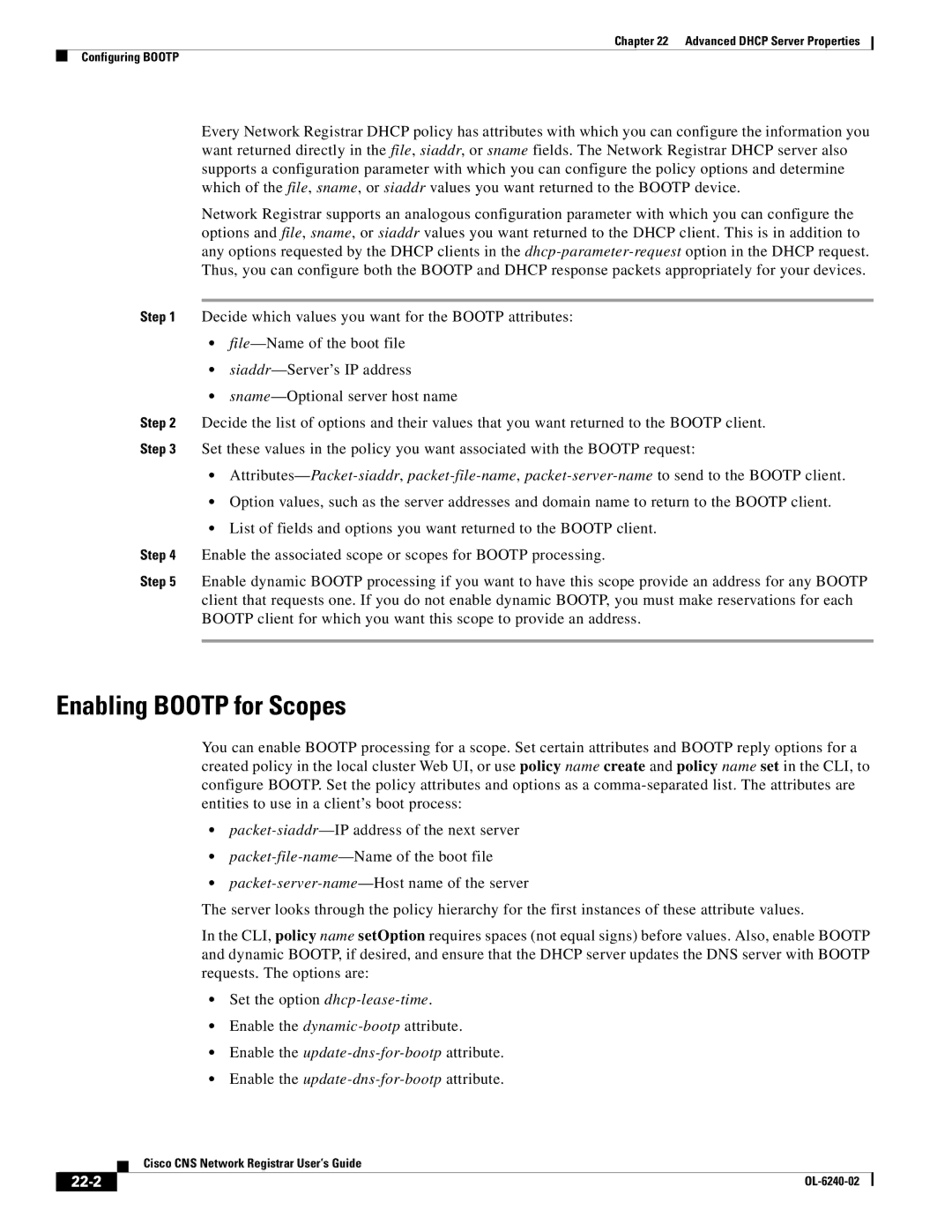 Cisco Systems OL-6240-02 manual Enabling Bootp for Scopes, 22-2 