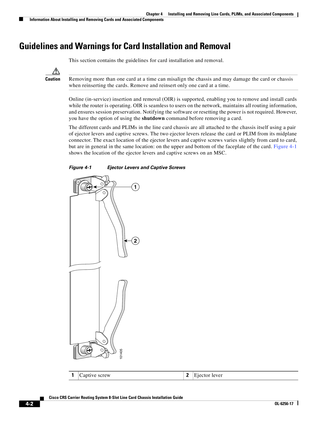 Cisco Systems OL-6256-17 manual Guidelines and Warnings for Card Installation and Removal, Captive screw Ejector lever 