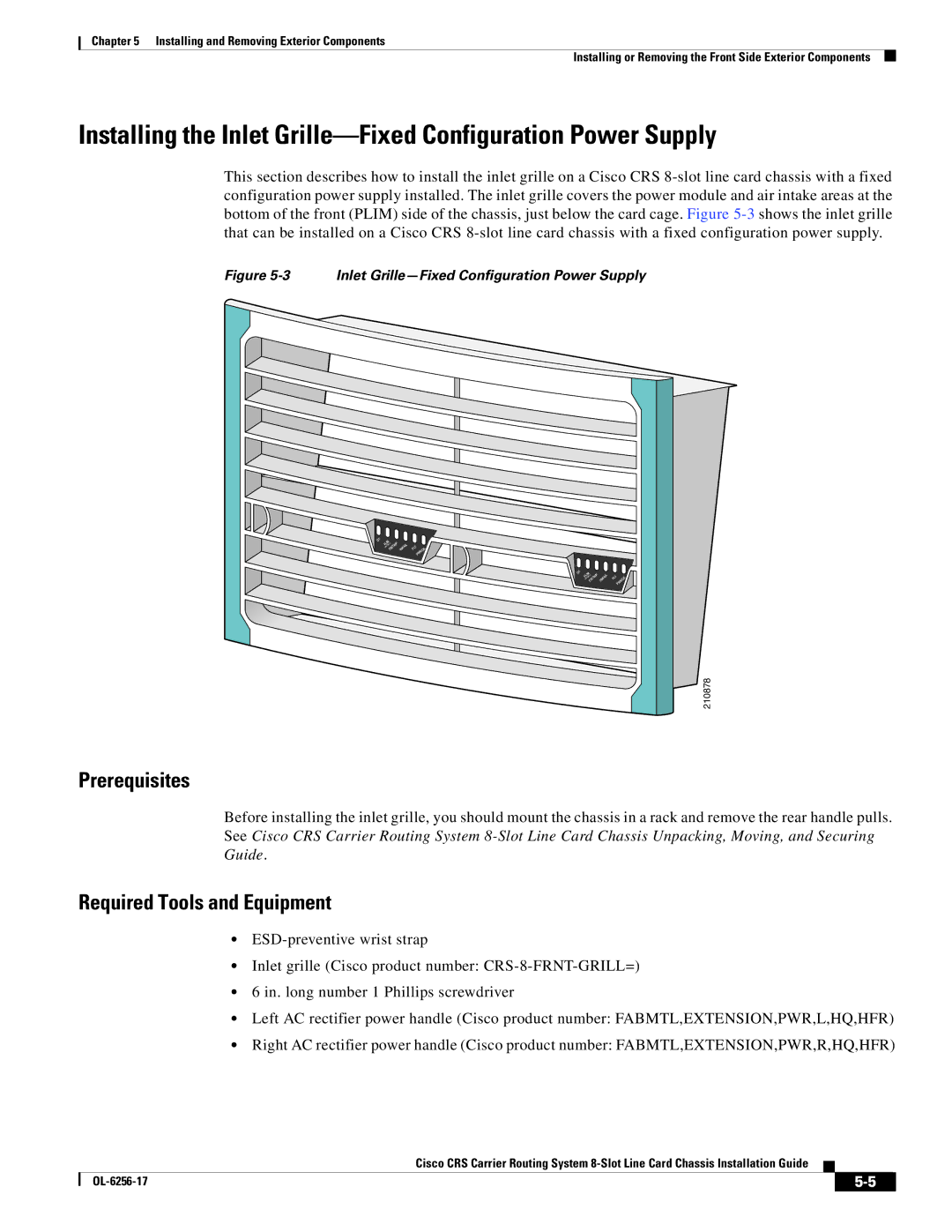 Cisco Systems OL-6256-17 manual Installing the Inlet Grille-Fixed Configuration Power Supply 