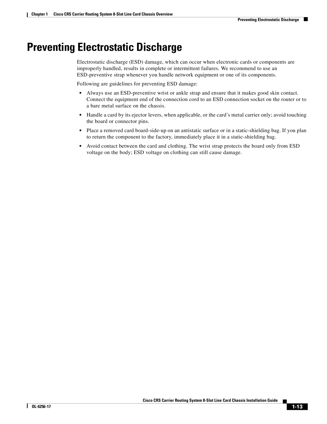 Cisco Systems OL-6256-17 manual Preventing Electrostatic Discharge 