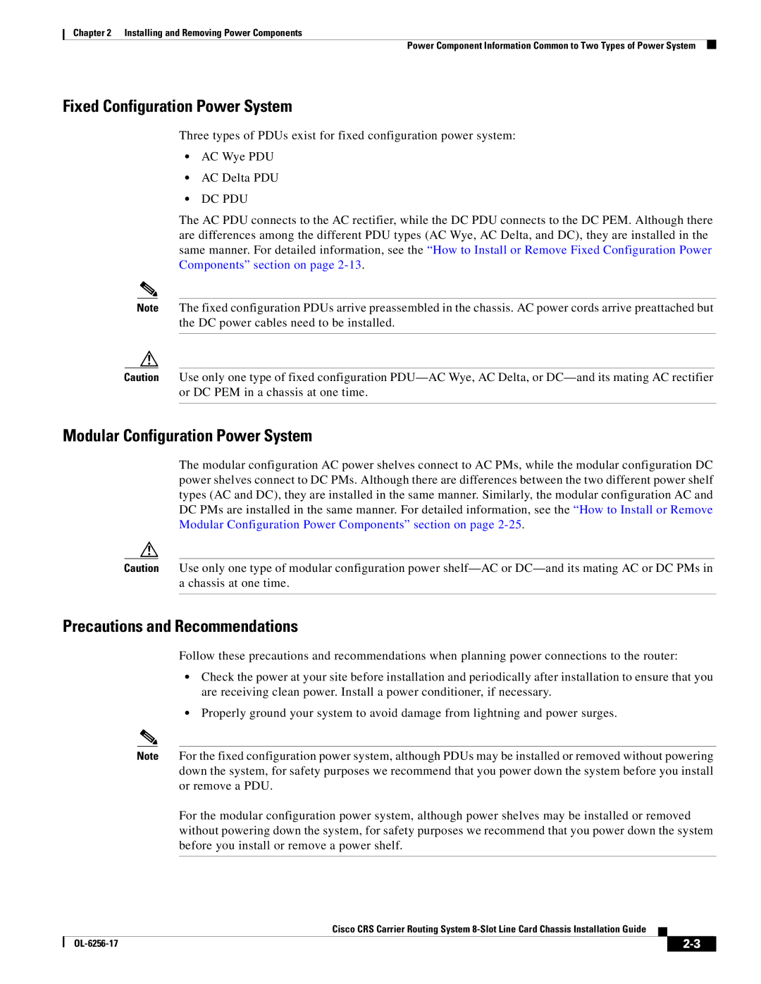 Cisco Systems OL-6256-17 manual Fixed Configuration Power System, Modular Configuration Power System 