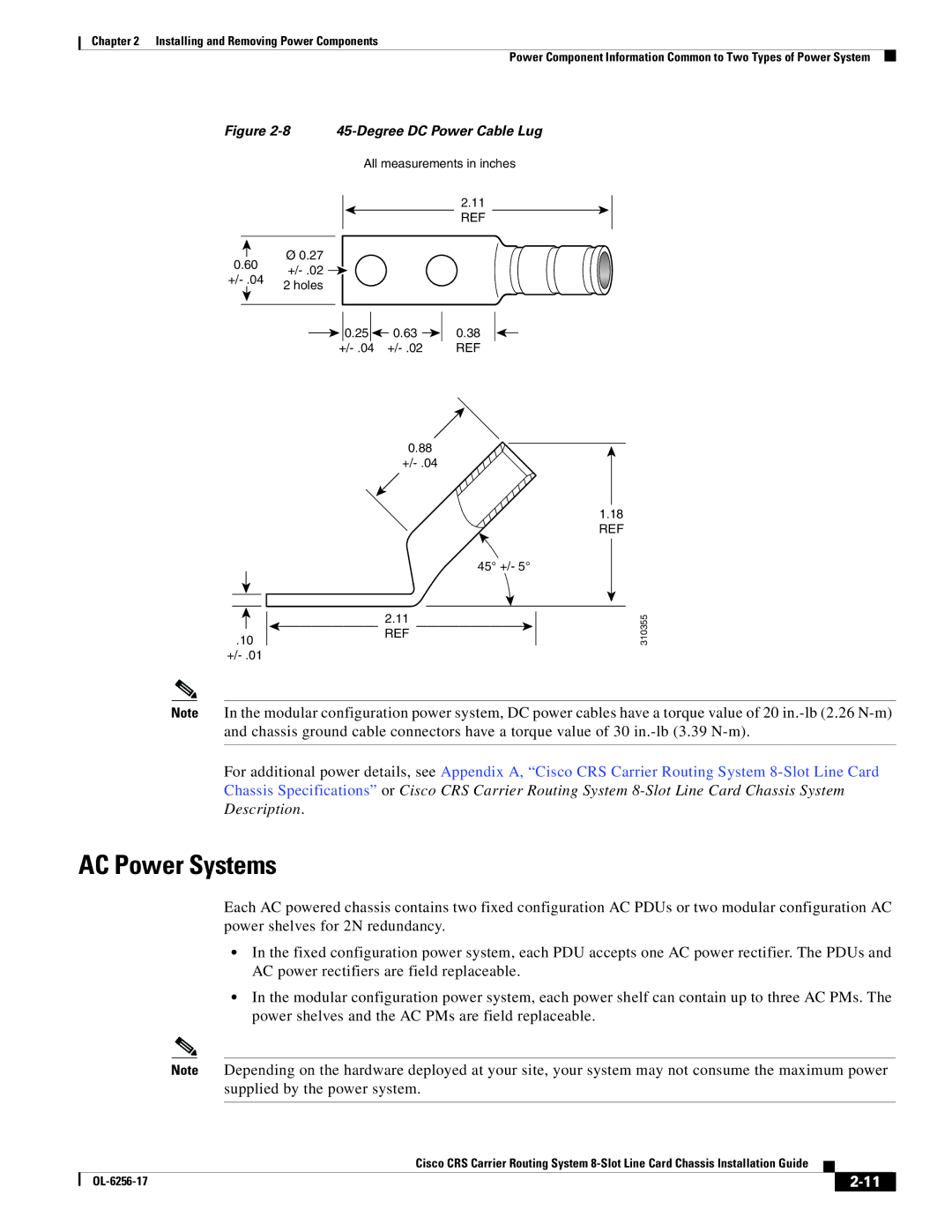 Cisco Systems OL-6256-17 manual AC Power Systems, Degree DC Power Cable Lug 