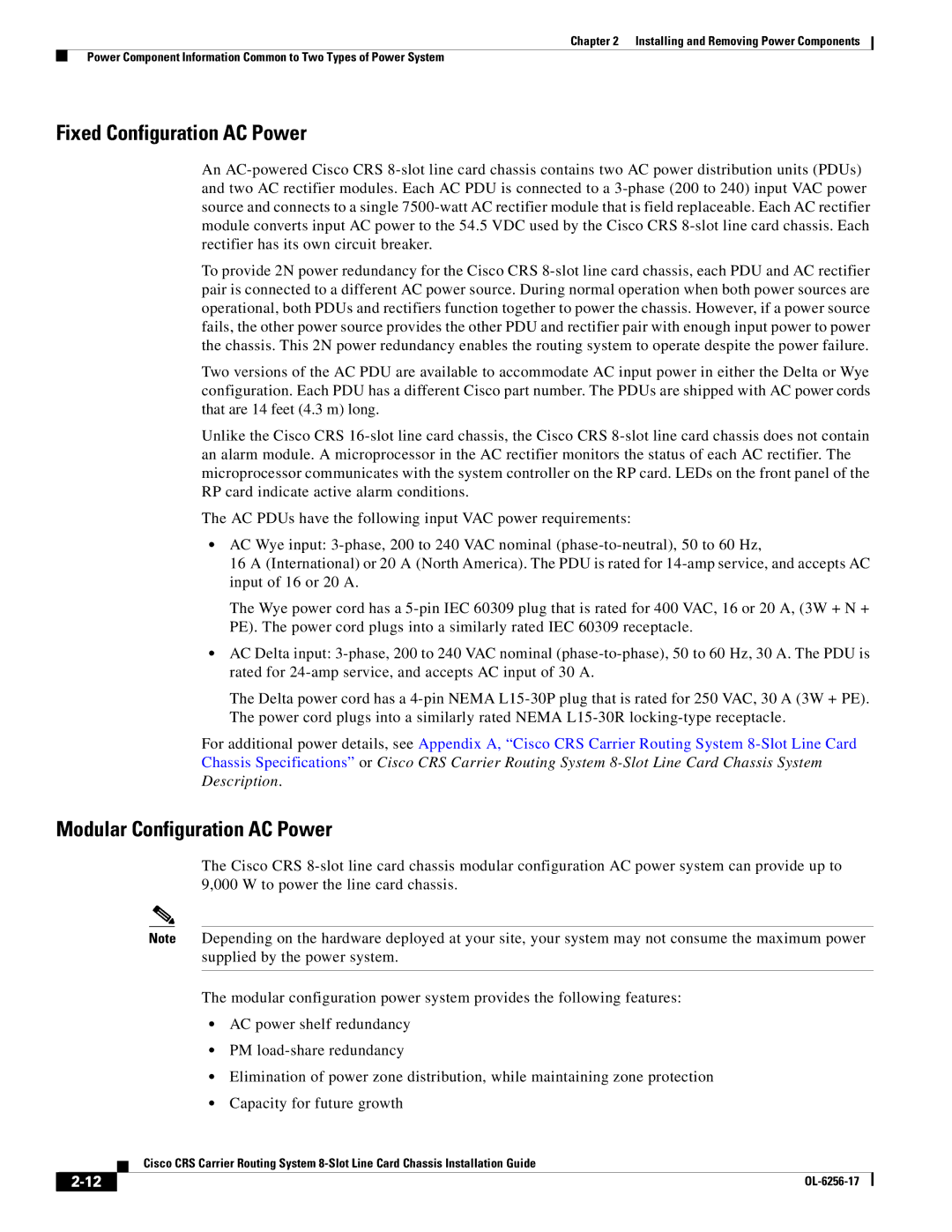 Cisco Systems OL-6256-17 manual Fixed Configuration AC Power, Modular Configuration AC Power 