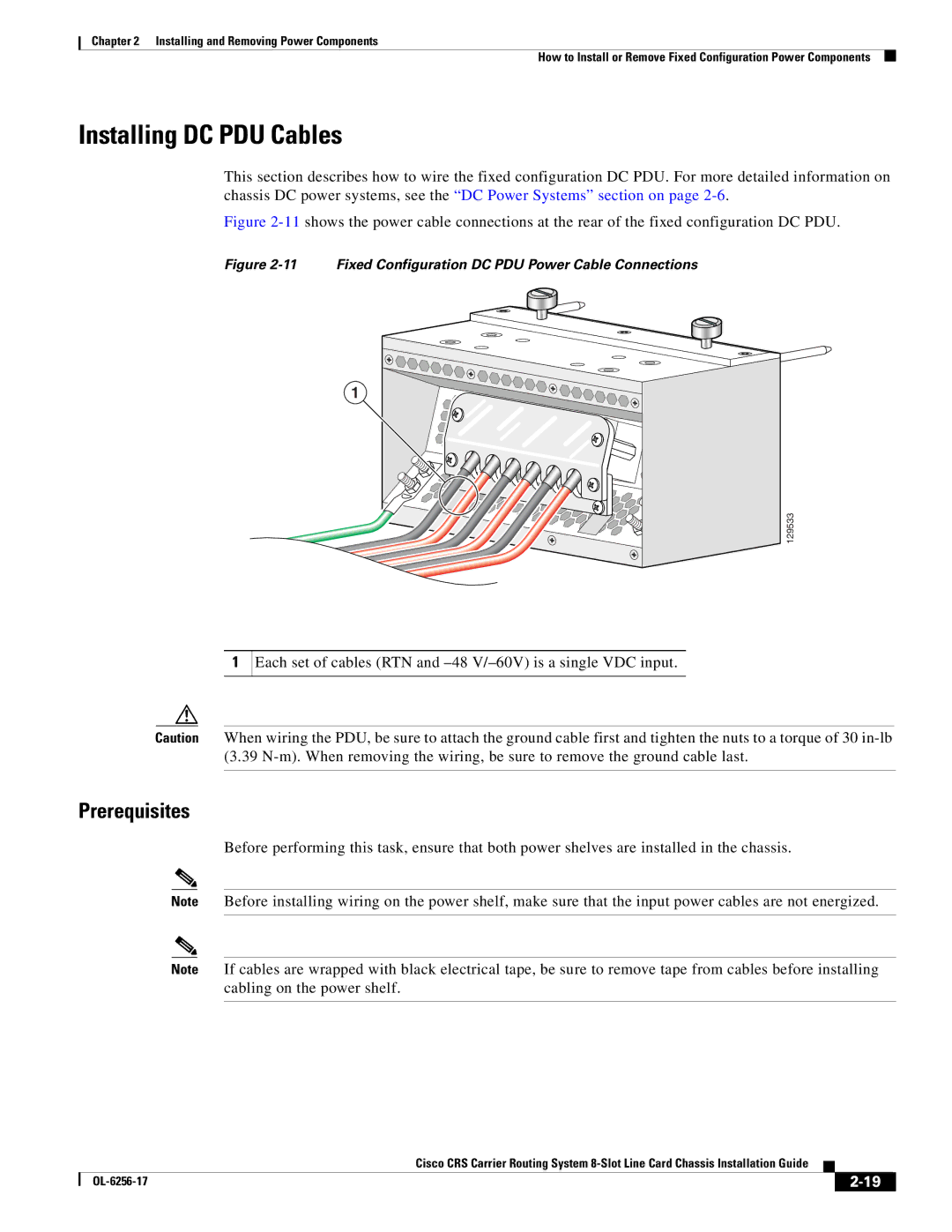 Cisco Systems OL-6256-17 manual Installing DC PDU Cables, Fixed Configuration DC PDU Power Cable Connections 