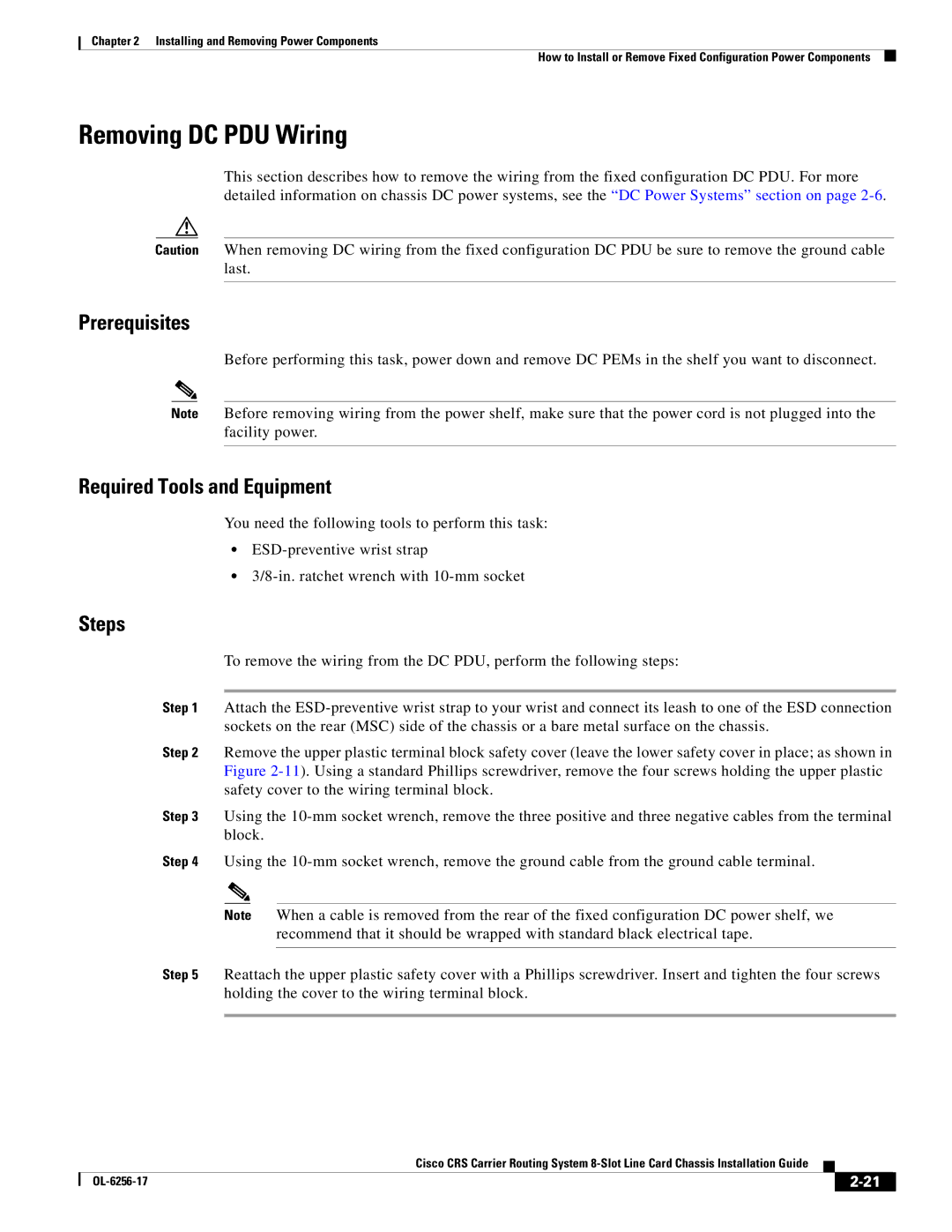 Cisco Systems OL-6256-17 manual Removing DC PDU Wiring 