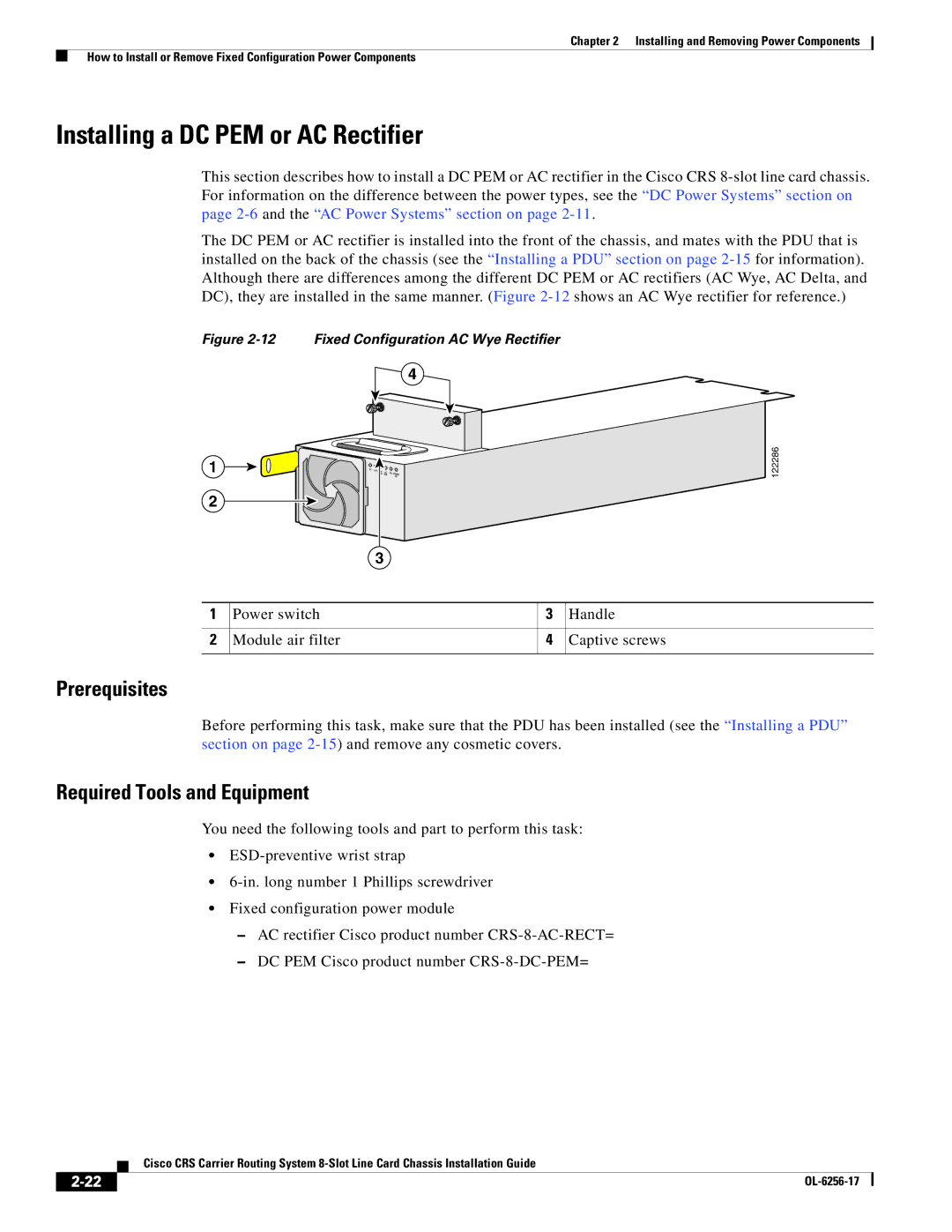 Cisco Systems OL-6256-17 manual Installing a DC PEM or AC Rectifier, Fixed Configuration AC Wye Rectifier 