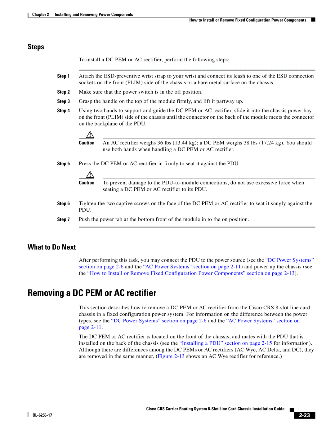 Cisco Systems OL-6256-17 manual Removing a DC PEM or AC rectifier, What to Do Next 