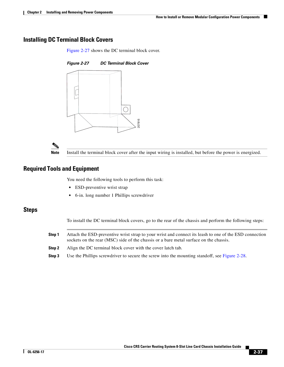 Cisco Systems OL-6256-17 manual Installing DC Terminal Block Covers, 27shows the DC terminal block cover 