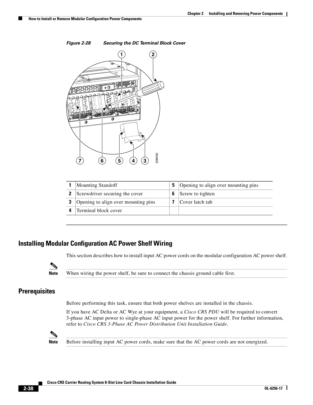 Cisco Systems OL-6256-17 Installing Modular Configuration AC Power Shelf Wiring, Securing the DC Terminal Block Cover 
