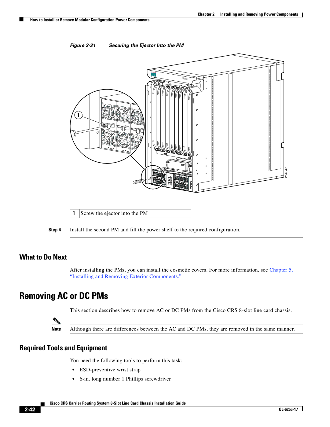 Cisco Systems OL-6256-17 manual Removing AC or DC PMs, Securing the Ejector Into the PM 