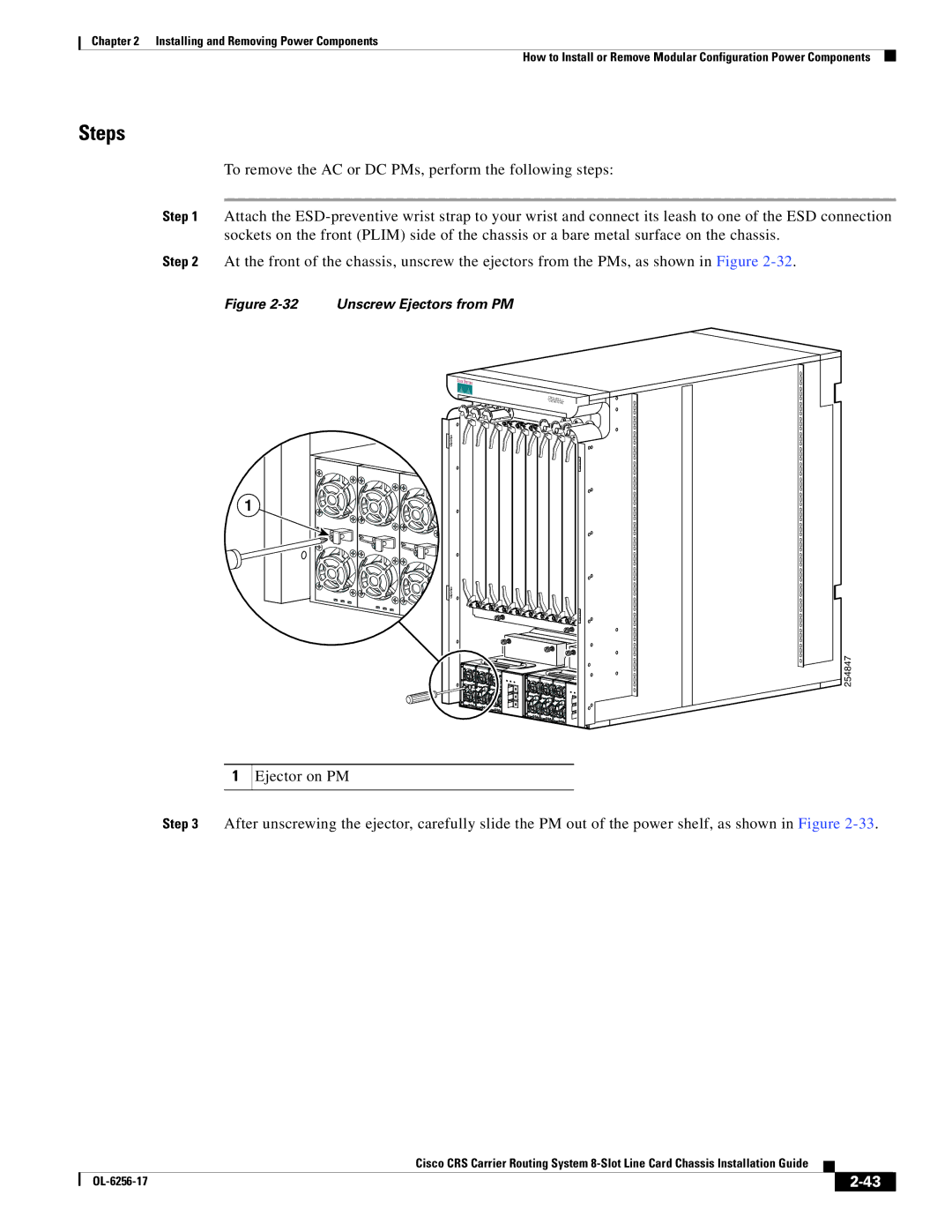 Cisco Systems OL-6256-17 manual Unscrew Ejectors from PM 