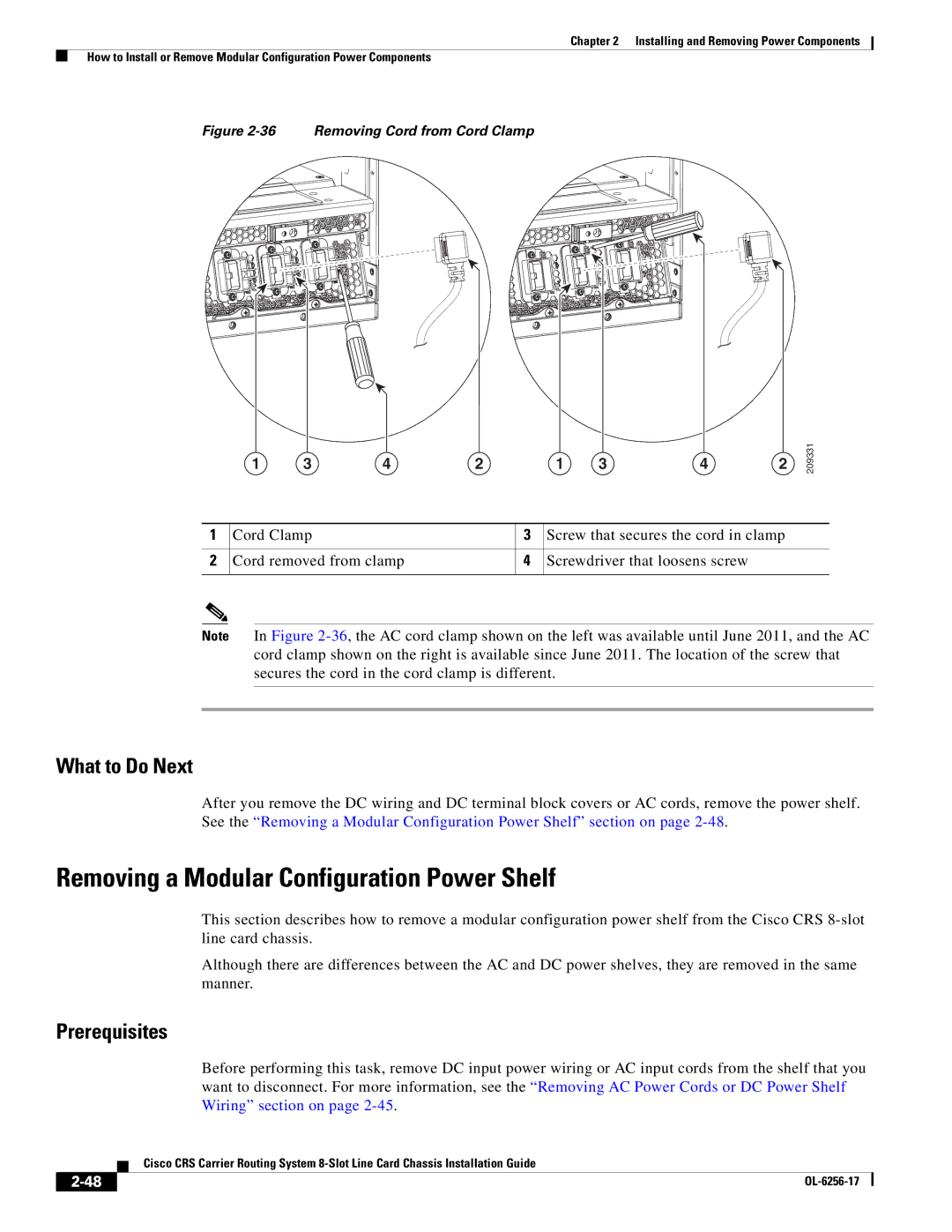 Cisco Systems OL-6256-17 manual Removing a Modular Configuration Power Shelf, Removing Cord from Cord Clamp 